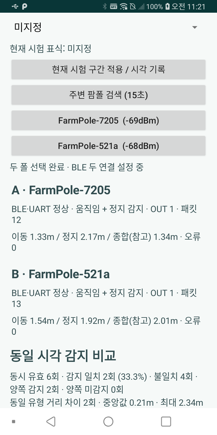 October 2026 prototype app screen documenting BLE and radar observation on two controllers